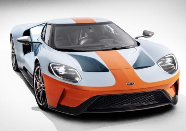 Die neue Ford GT Heritage-Edition (Modelljahr 2019) feiert den 50. Geburtstag des 1968er und 1969er Le Mans-GT40 mit einer „Gulf Oil“-Rennlackierung zu Ehren dieses wohl berühmtesten Farbschemas des Autorennsports